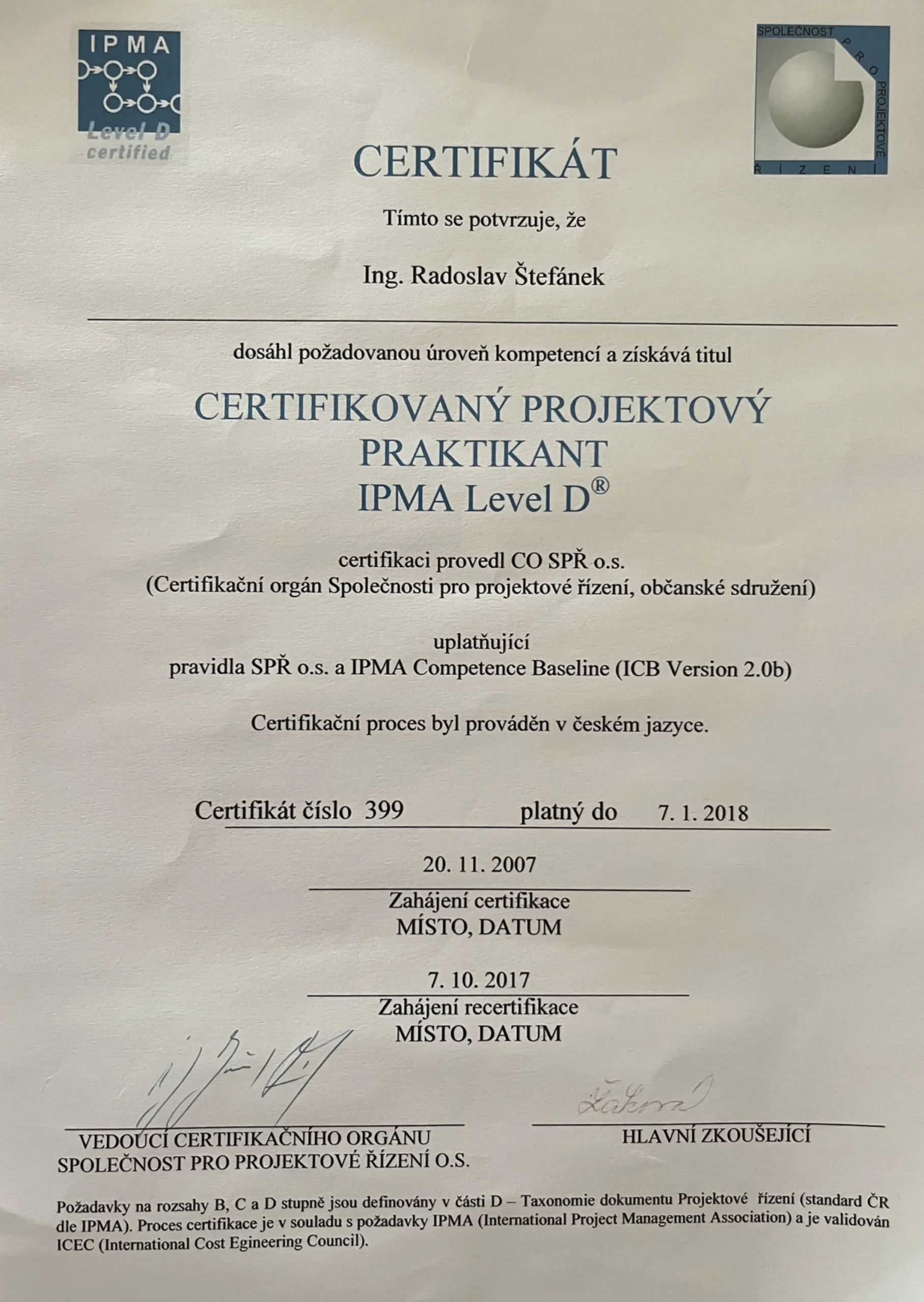 Radoslav Štefnák CERTIFIKAT - IPMA Level D